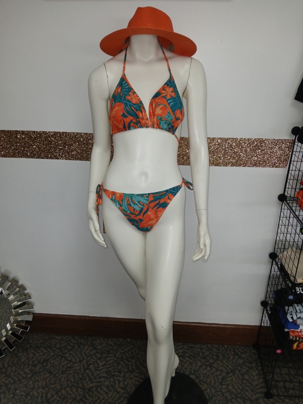 Tropical Floral Halter Bikini Set - Orange & Teal